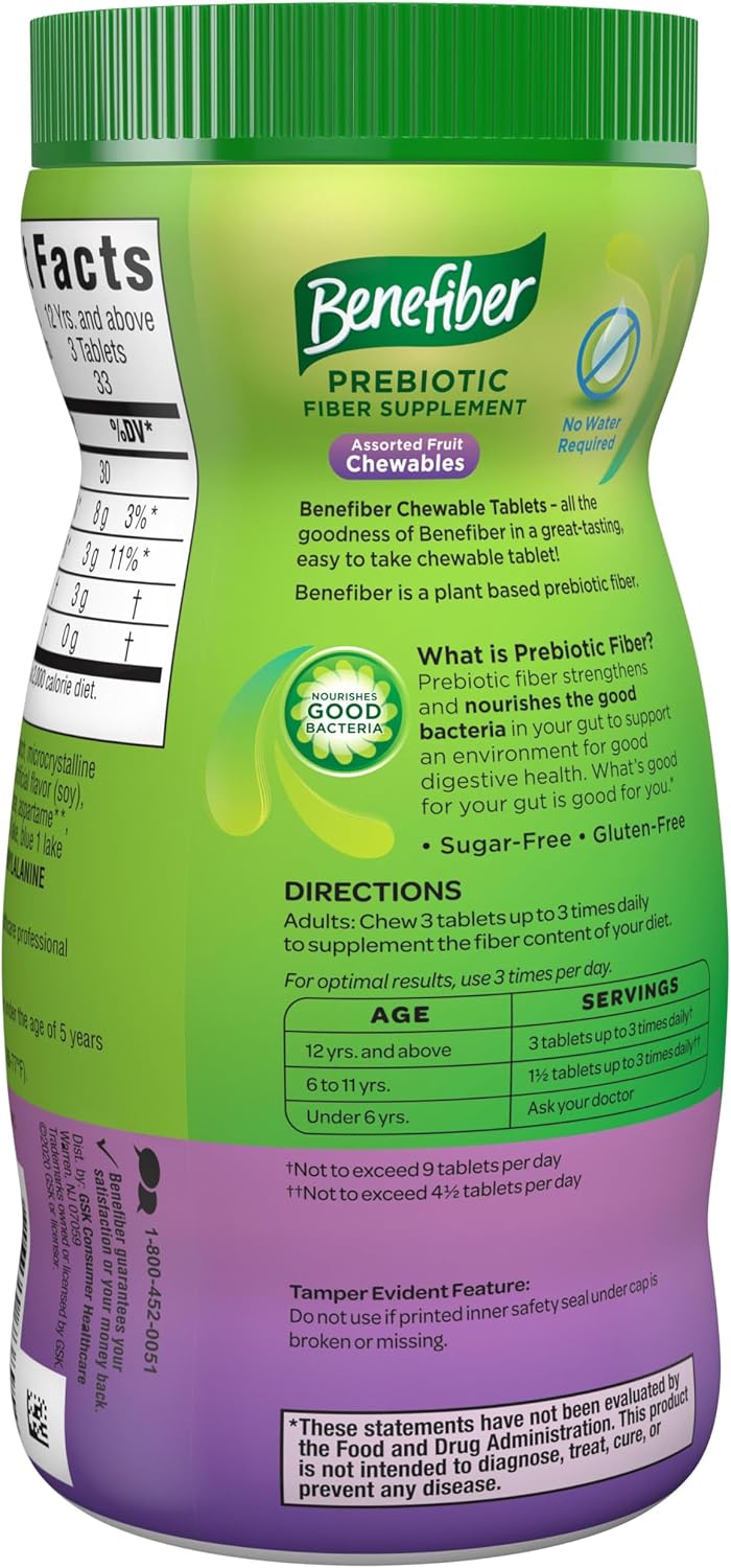 Benefiber Chewable Prebiotic GLP-1 Friendly Fiber Supplement Tablets for Digestive Health, Assorted Fruit Flavors - 100 Count (Pack of 12)