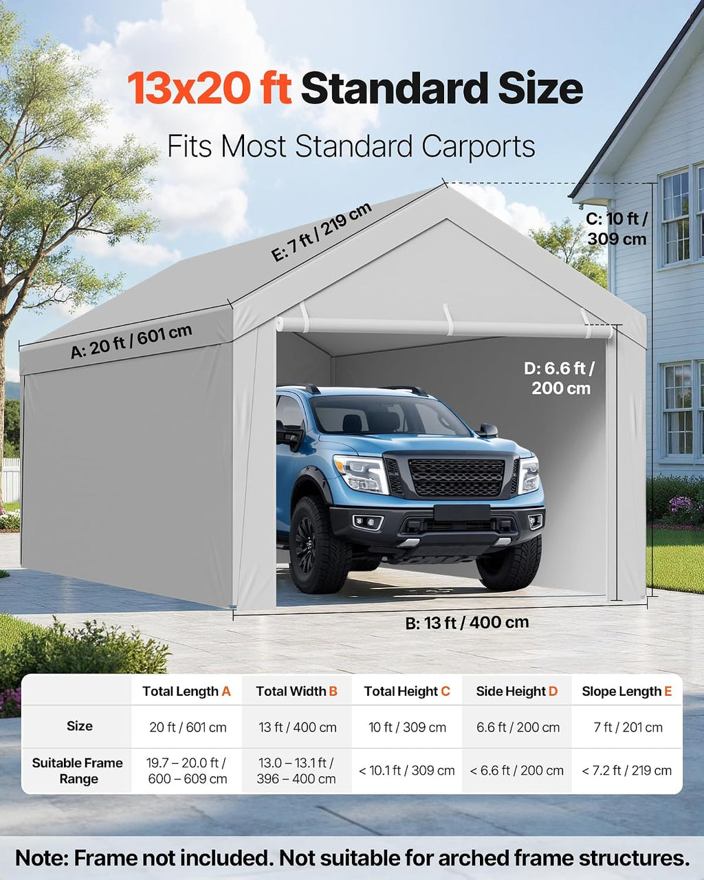 VEVOR Carport Replacement Canopy Cover, 13 x 20 ft Potable Garage Tent Top Tarp with Sidewalls, UV-Resistant & Waterproof, Heavy Duty Car Shelter Tarp with Ball Buggees, Grey, Frame Not Included