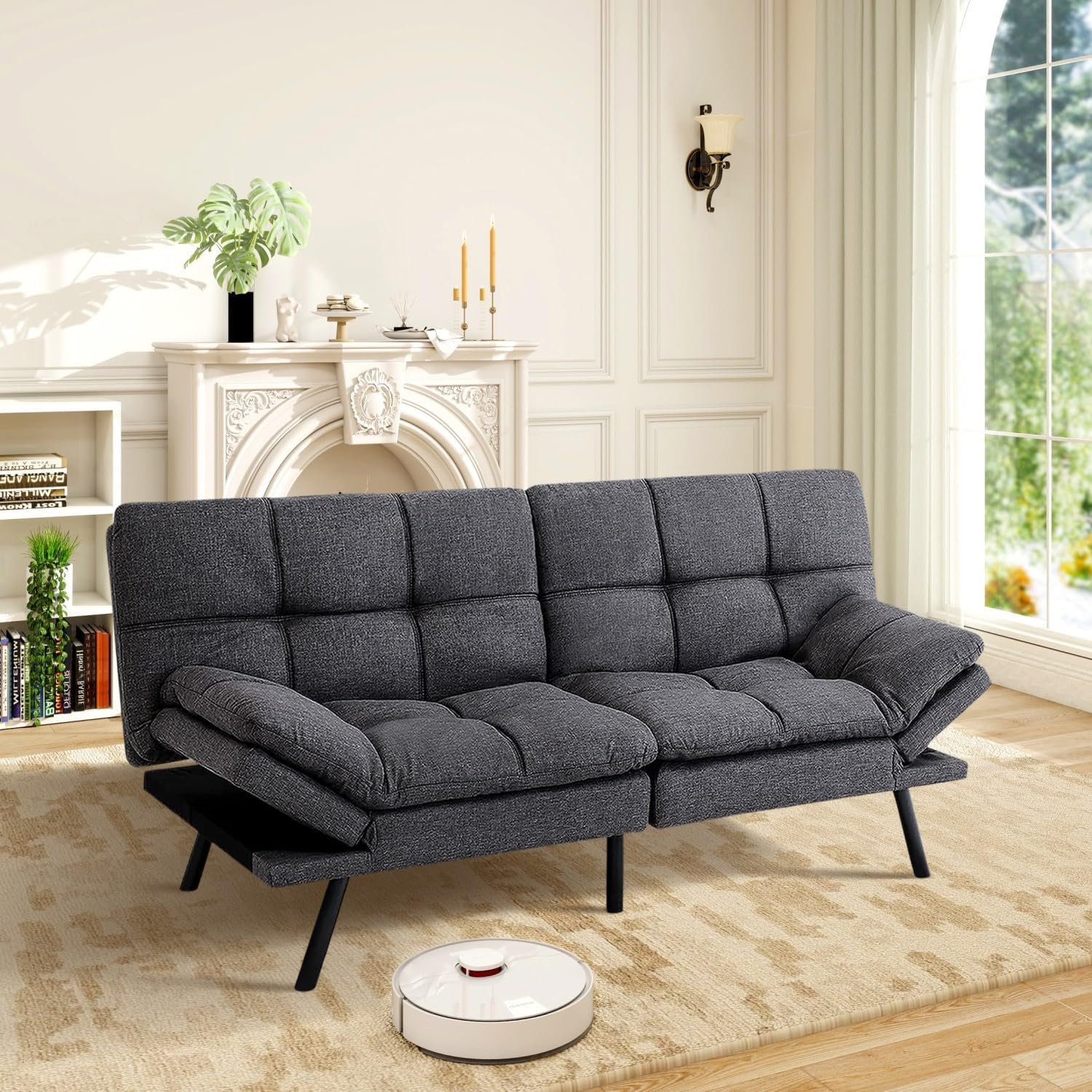MUUEGM Futon Sofa Bed Memory Foam Dark Grey Futons Modern Office Couch Sleeper Bed Convertible Love seat Sofa for Small Spaces,Apartment,Office with Adjustable Armrest Backrest