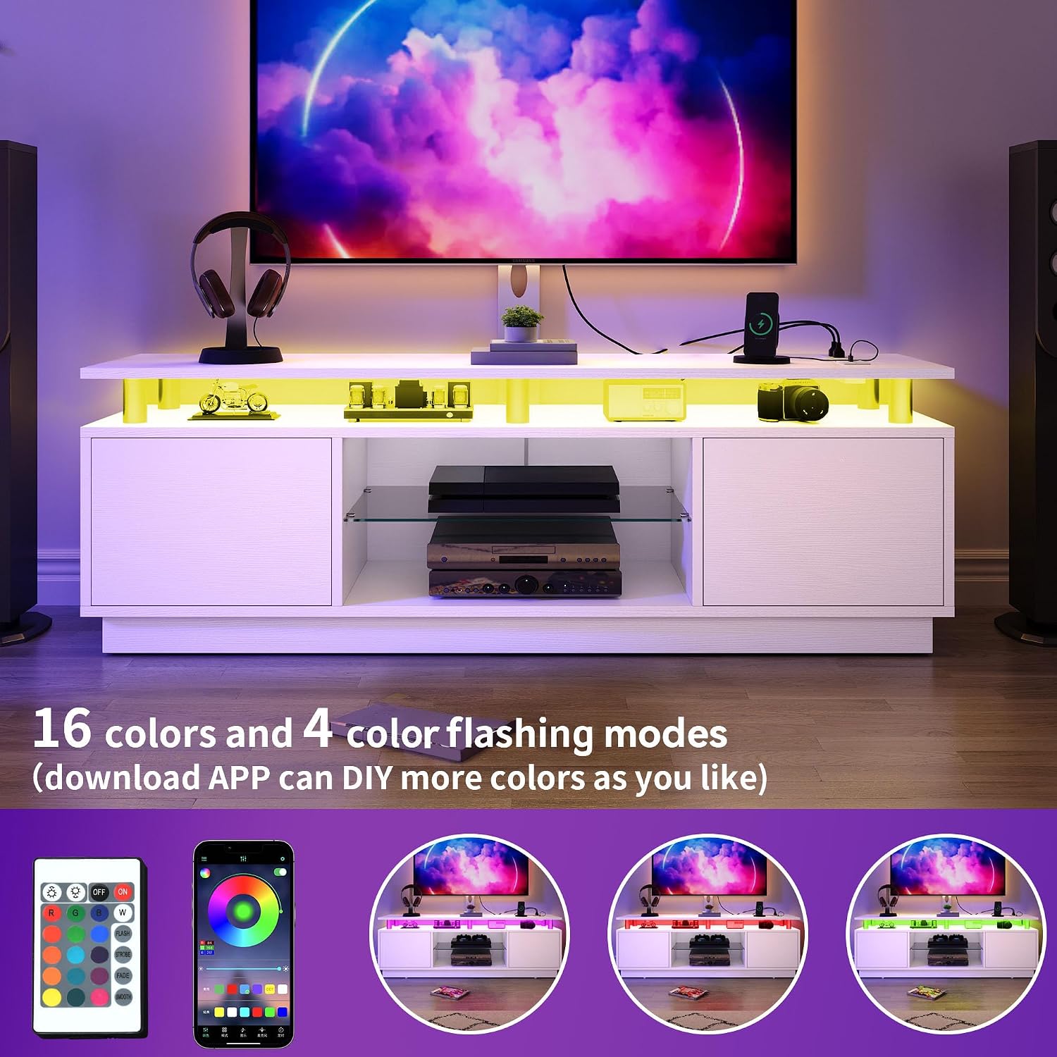 YITAHOME Modern TV Stand with Mount & 2 Doors for 75/70/65 Inch TVs - Built-in Power Outlets, LED Light Strip, Media Console with Storage, Entertainment Center for Living Room, White