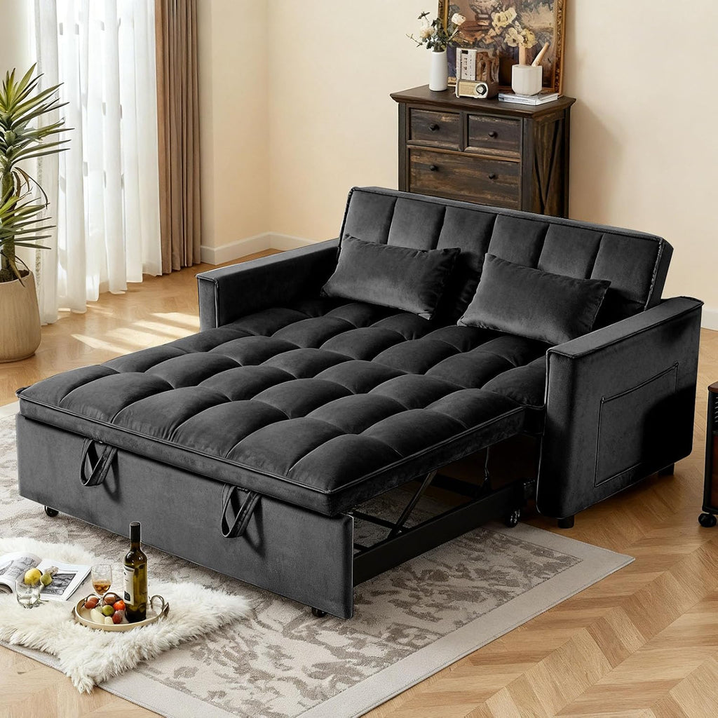 3 in 1 Convertible Sofa Bed, Love Seat Sleeper Bed with Side Pockets, Velvet Fabric Pull Out Couch with Adjustable Backrest for Living Room, Bedroom, Apartment, Black