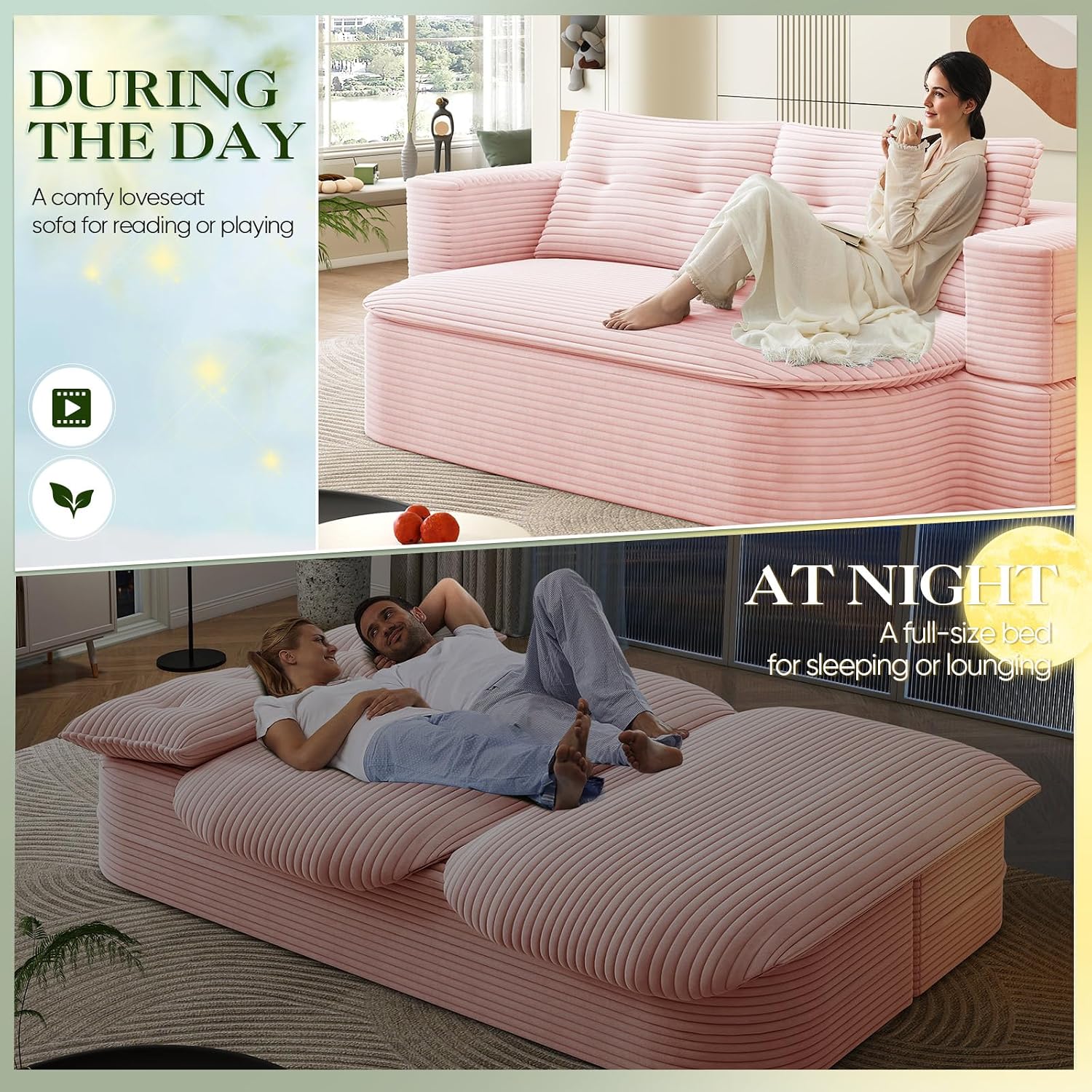 Convertible Sleeper Sofa, Modern 78-inch Folding Futon Corduroy Floor Foam Compression Loveseat Sofa Bed Couch, Foldable Full Size Guest Bed with 2 Pillows for Living Room Bedroom Apartment, Pink