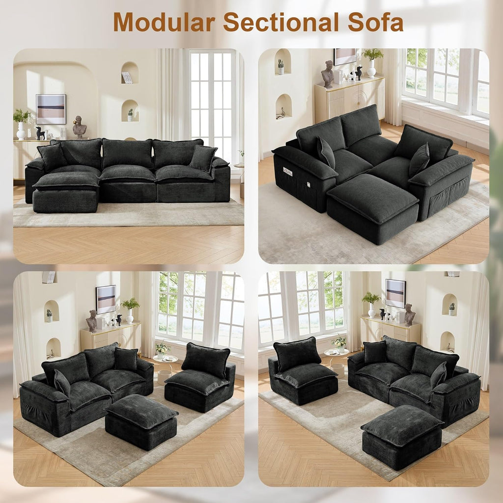 Korser 108' Sectional Couches for Living Room, Modular Boneless Couch with Deep Seat & Fluffy Cushion, Cozy Double-Layer Cushioned Sofa with Convertible Ottoman, Comfy Cloud Sofa, No Assembly Required