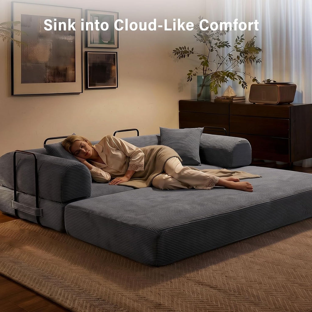 79' Convertible Sofa Bed, 5-in-1 Corduroy Boneless Couch Bed Sofa Pull Out, Memory Foam Couch, No Assembly Futon Couches for Living Room (Dark Gray)