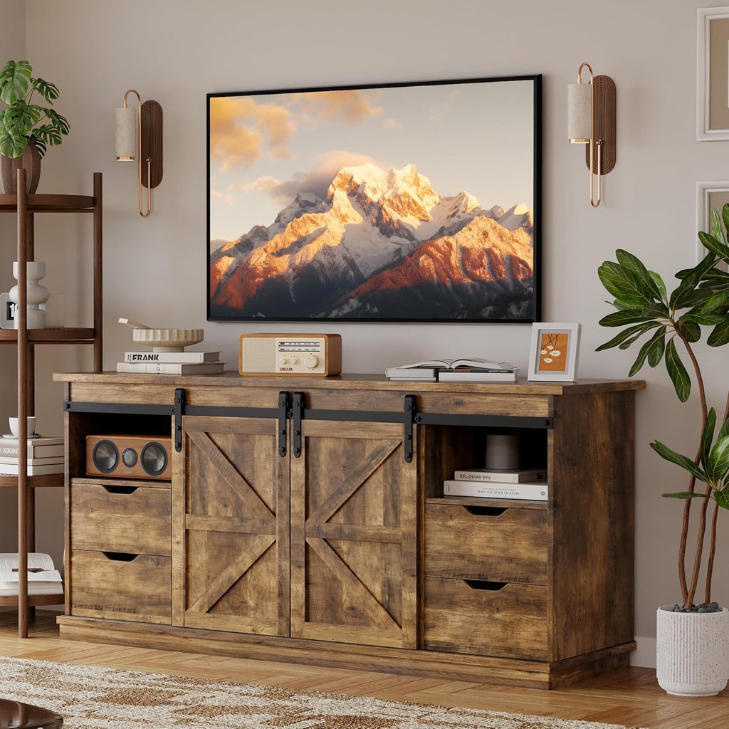 YESHOMY Farmhouse TV Stand for Televisions up to 65 Inch, Wood Entertainment Center with Sliding Barn Doors and 4 Storage Drawers, 58'' Media Console Cabinet with Shelves for Living Room, Barnwood