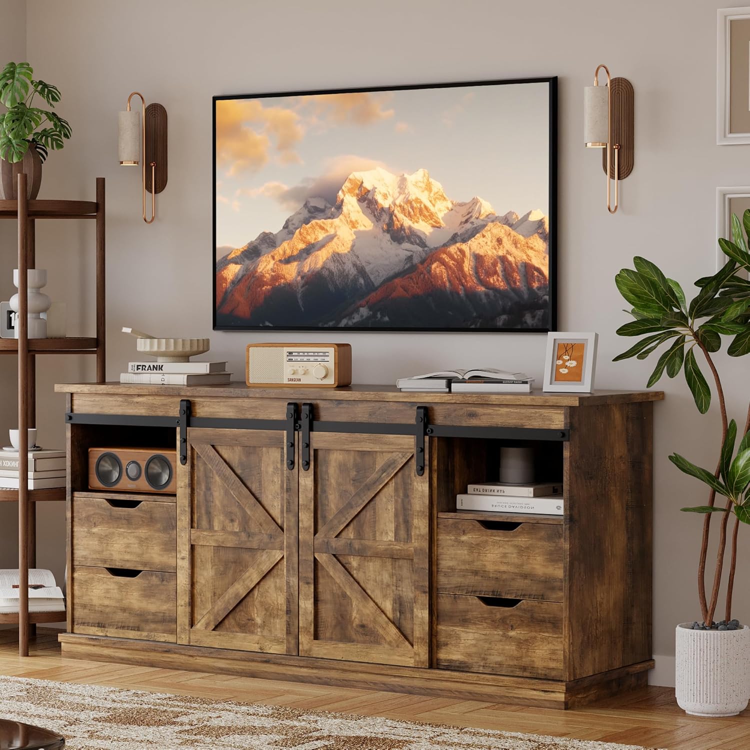 YESHOMY Farmhouse TV Stand for Televisions up to 65 Inch, Wood Entertainment Center with Sliding Barn Doors and 4 Storage Drawers, 58'' Media Console Cabinet with Shelves for Living Room, Barnwood