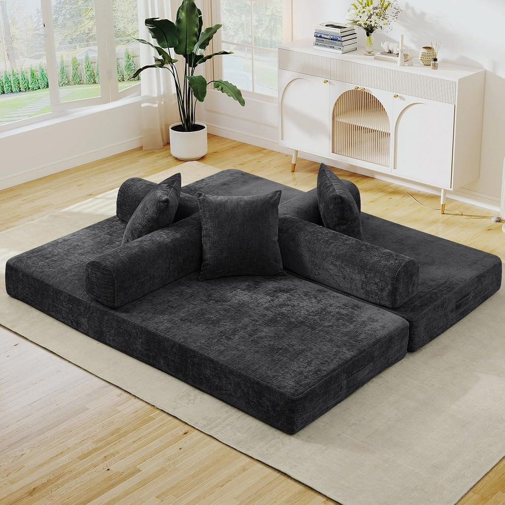Deolme 3 in 1 Convertible Futon Sofa Bed, Modern King Size Chenille Loveseat Sleeper Sofa Folding, 3-Seater Foldable Lounger Couch Bed for Living Room, Bedroom Guest Room (Black, 3 Throw Pillows)