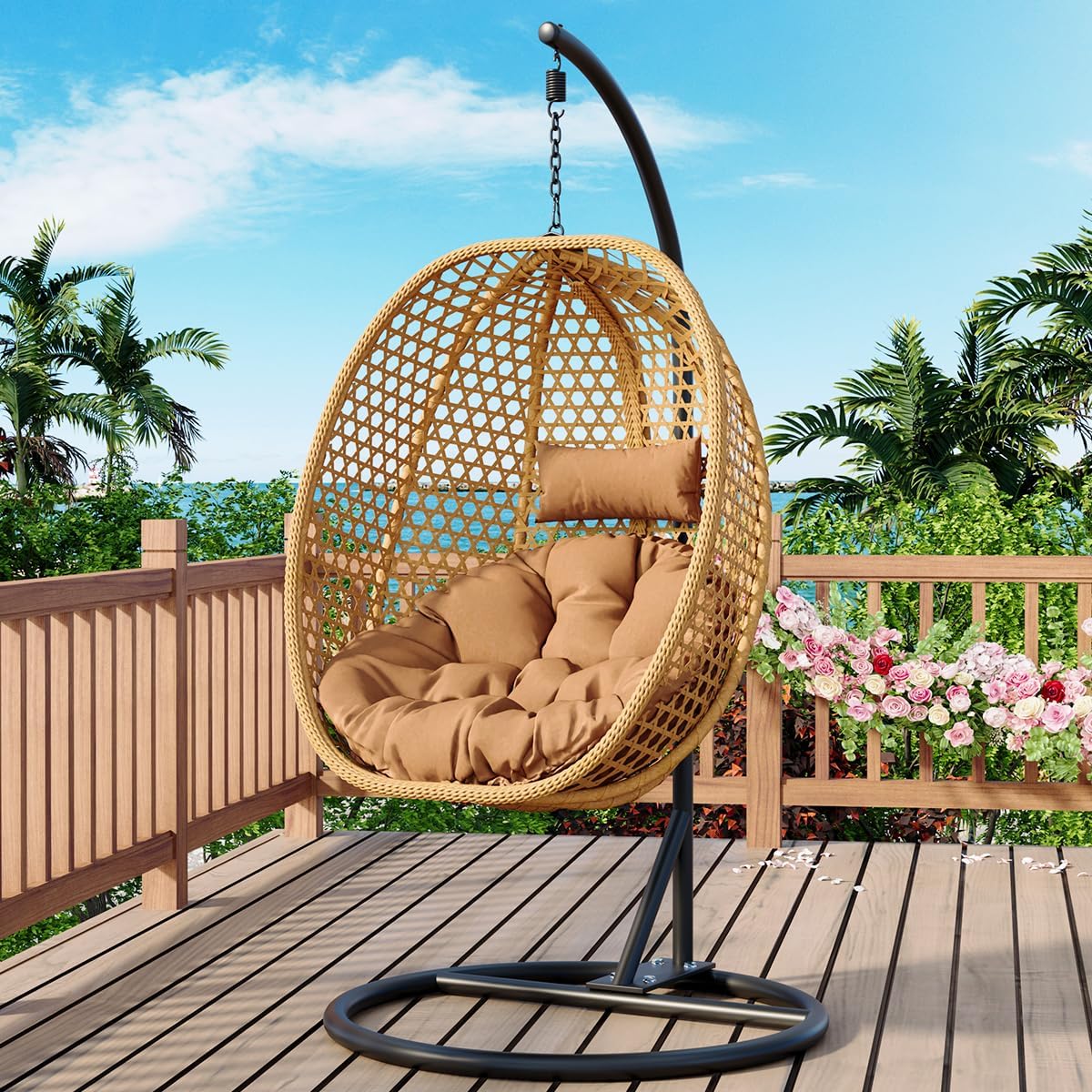 JUFU Egg Swing Chair Indoor Outdoor, Hanging Egg Chair with Aluminum Steel Frame, Patio Egg Chair with Removable Cushions, 350 lbs Capacity