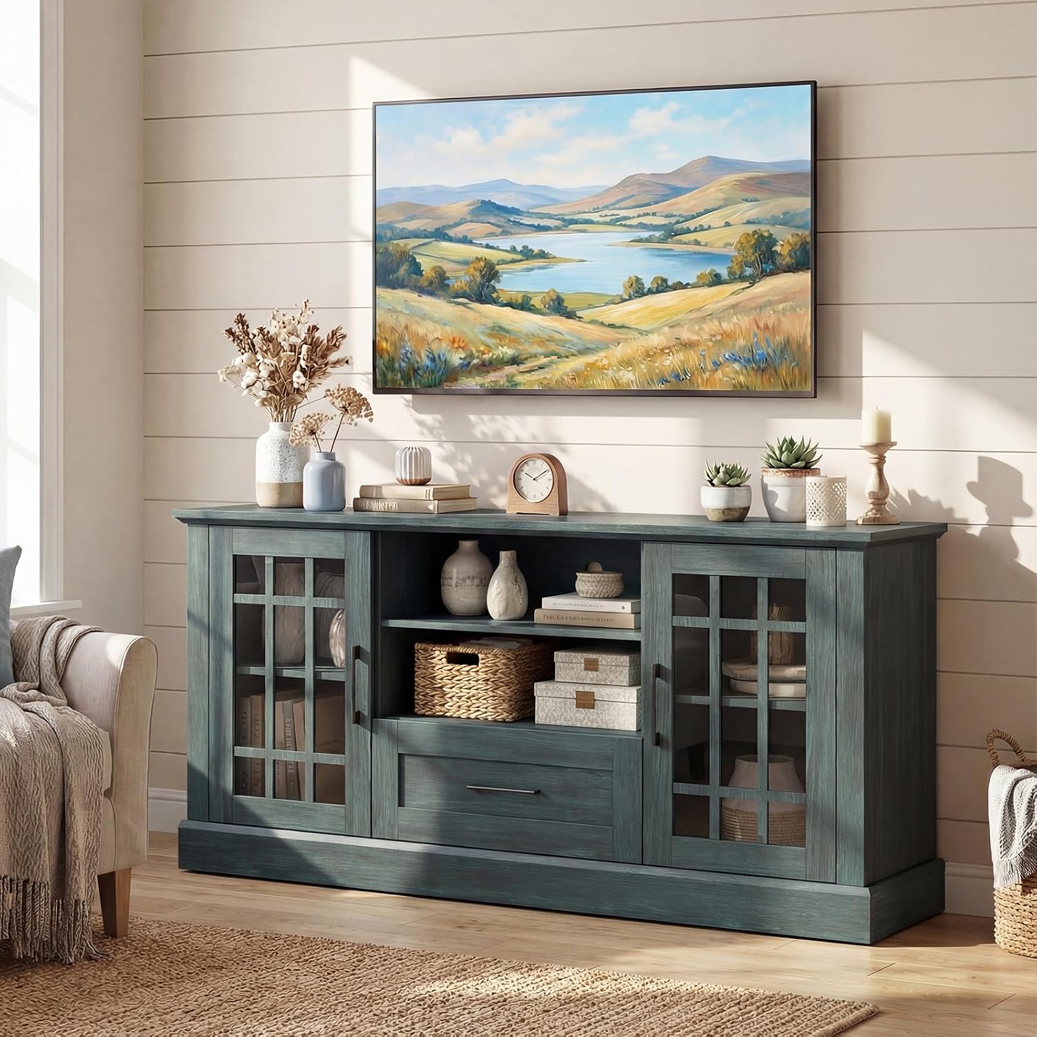 Giantex Farmhouse TV Stand for 65/70 Inch TV, Tall Entertainment Center with Storage Cabinets, Glass Doors, Drawer, Removable Shelves, Media TV Console Table for Living Room, Bedroom (Vintage Green)