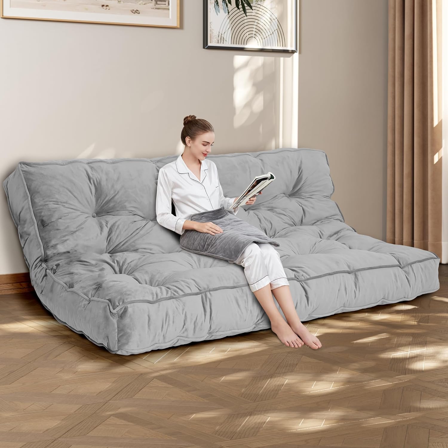 8' Full Size Futon Mattress Sofa Bed, Extra Thick Foldable Floor Mattress, Shredded Foam Filling for Adults/Teens/Pets with No Assembly Needed, Frame Not Included - Grey