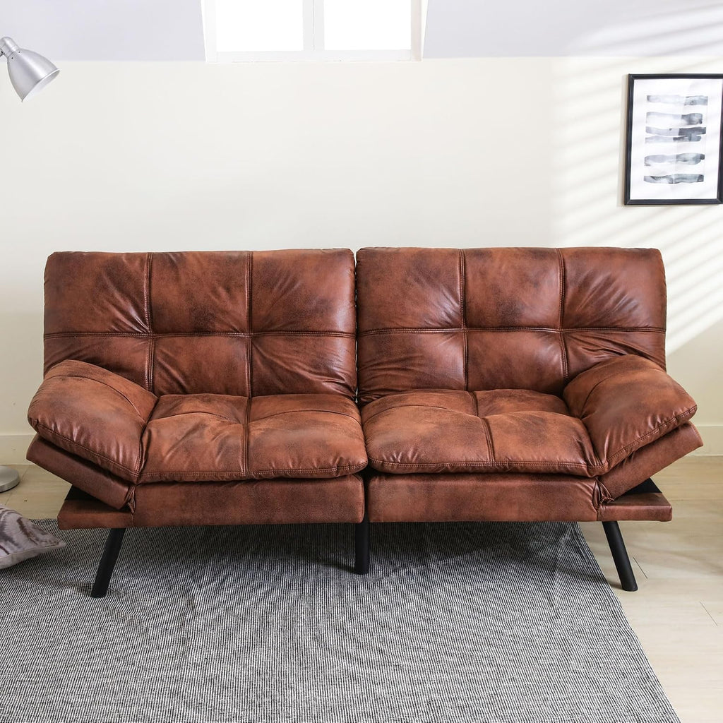 Convertible Futon Sofa Bed,71' Modern Premium Faux Leather Futon Couch with Adjustable Backrest&Armrest,Small Loveseat Sleeper Sofa,Dorm Futonsofa for Apartment,Living Room,Whisky Brown
