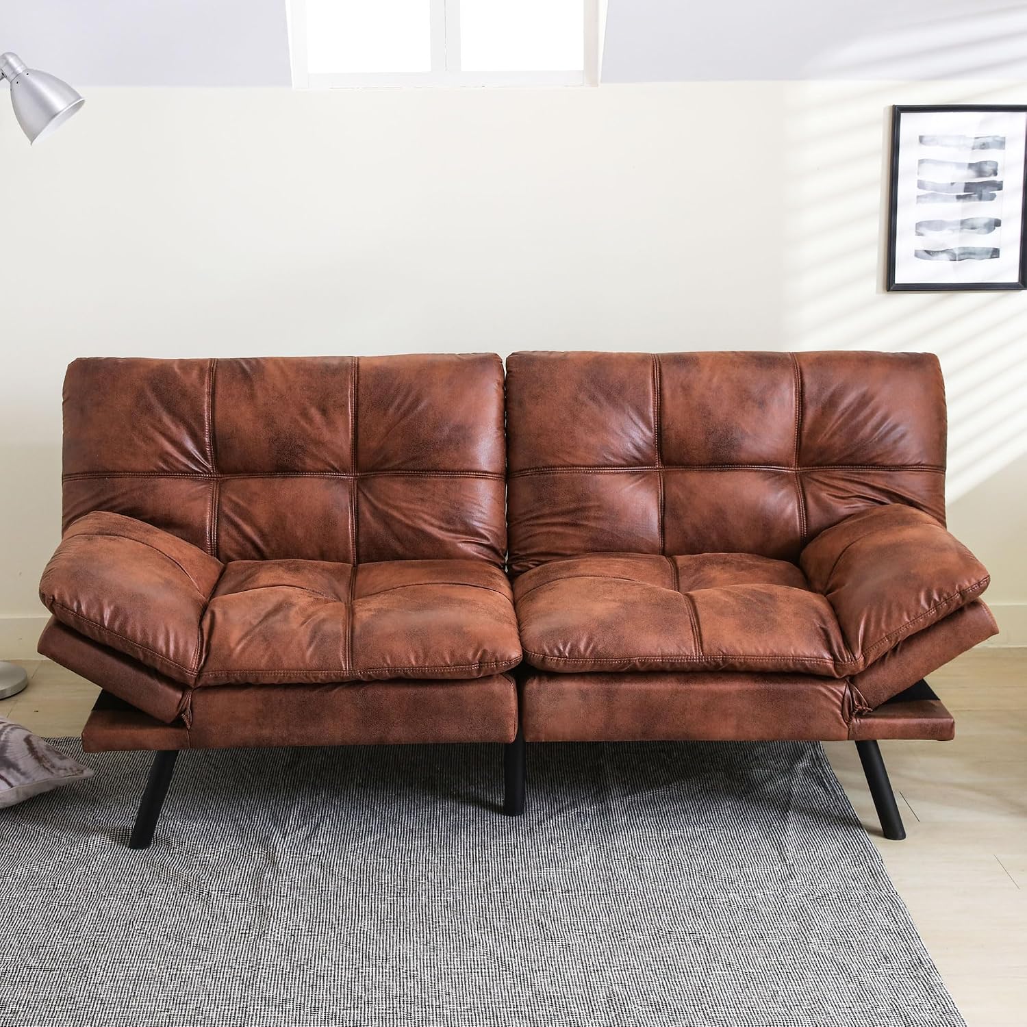 Convertible Futon Sofa Bed,71' Modern Premium Faux Leather Futon Couch with Adjustable Backrest&Armrest,Small Loveseat Sleeper Sofa,Dorm Futonsofa for Apartment,Living Room,Whisky Brown