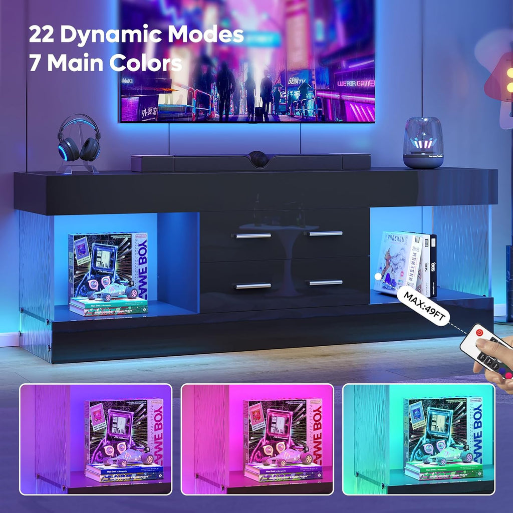 Bestier Modern 60 Inch TV Stand for 65/60/55+ TV, High Gloss Black Entertainment Center with 2 Drawers & LED Lights, Stone-Pattern Side Panels TV Consoles for Living Room, Bedroom