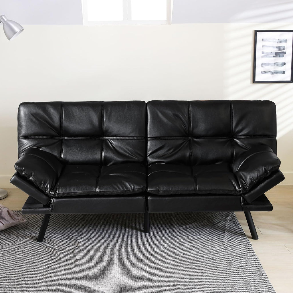 Convertible Futon Sofa Bed,71' Modern Premium Faux Leather Futon Couch with Adjustable Backrest&Armrest,Small Loveseat Sleeper Sofa,Dorm Futonsofa for Apartment,Living Room,Black