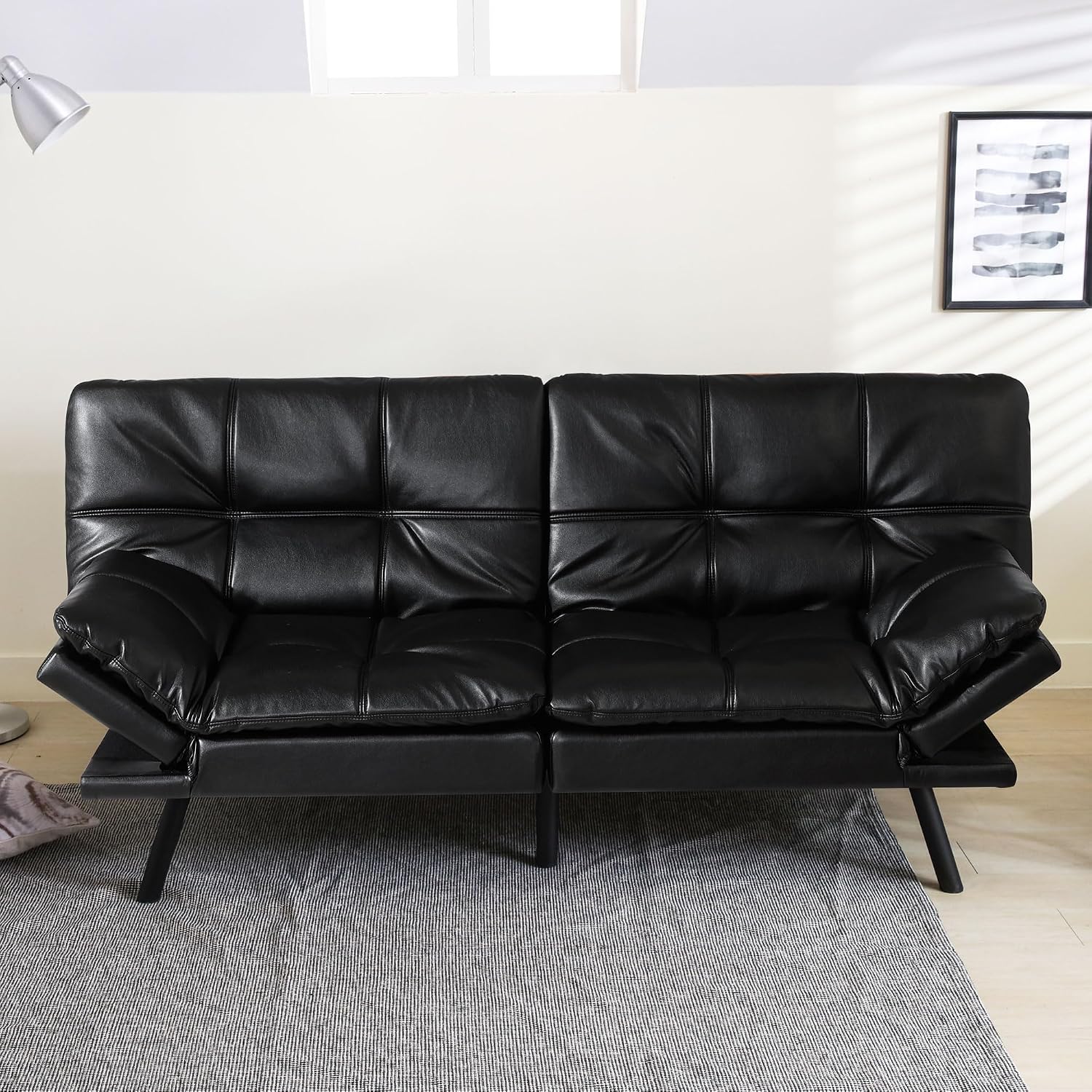 Convertible Futon Sofa Bed,71' Modern Premium Faux Leather Futon Couch with Adjustable Backrest&Armrest,Small Loveseat Sleeper Sofa,Dorm Futonsofa for Apartment,Living Room,Black