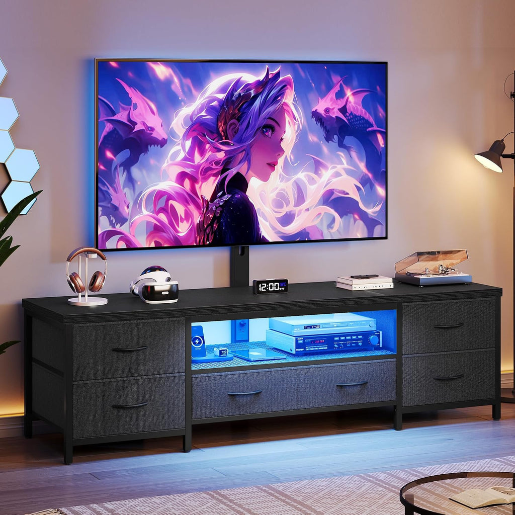 TV Stand for 80 Inch TV with Mount, LED Entertainment Center w/Fabric Drawers & Power Outlets, Industrial Media Console for Living Room, Bedroom, Open Storage Shelves - 71'' Black