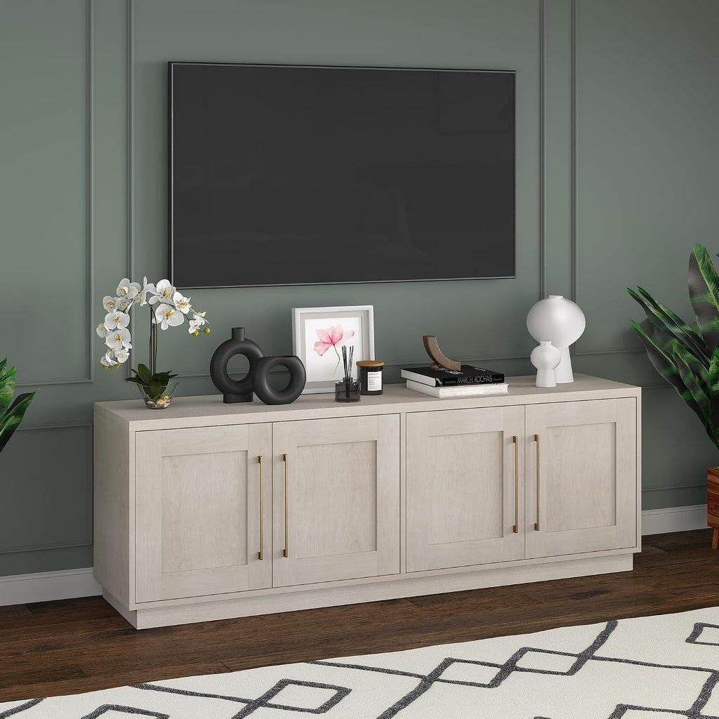 Henn&Hart TV Stand for TVs up to 75'' with 2 Concealed Storage Cabinets and Adjustable Shelves for Living Room, Family Room, or Office, Beech White