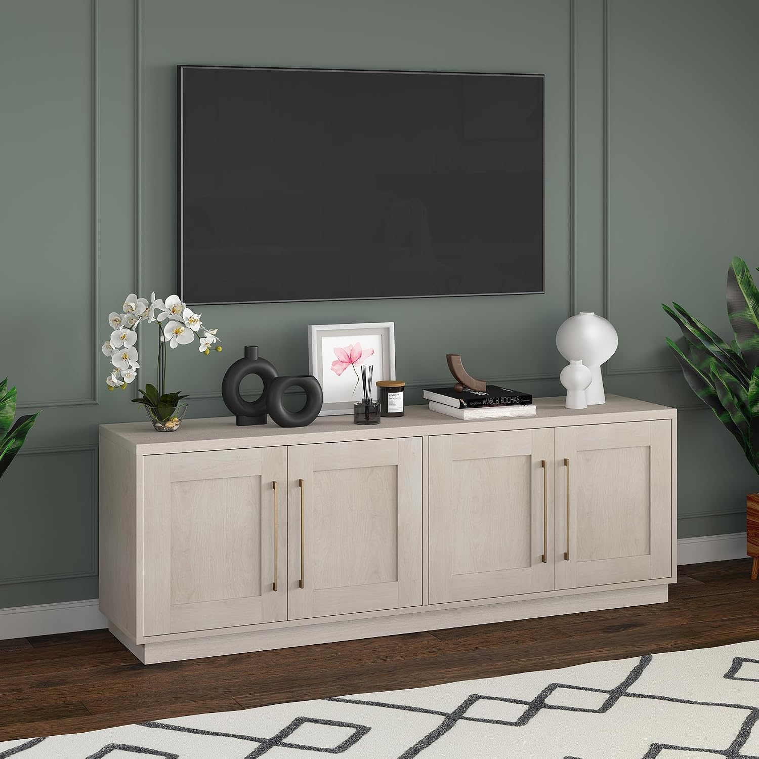 Henn&Hart TV Stand for TVs up to 75'' with 2 Concealed Storage Cabinets and Adjustable Shelves for Living Room, Family Room, or Office, Beech White
