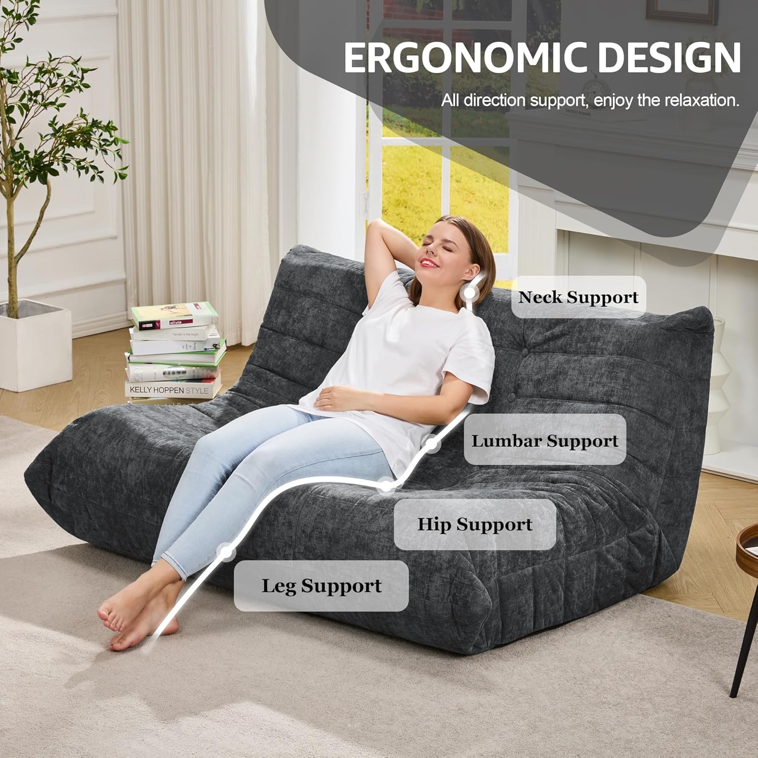Bean Bag Chairs for Adults Giant Bean Bag Chair Memory Foam BeanBag Chair Bean Bag Sofa with Filler Faux Fur Fireside Beanbags Lazy Sofa for Living Room Bedroom Office (Darkgrey Chenille, Loveseat)