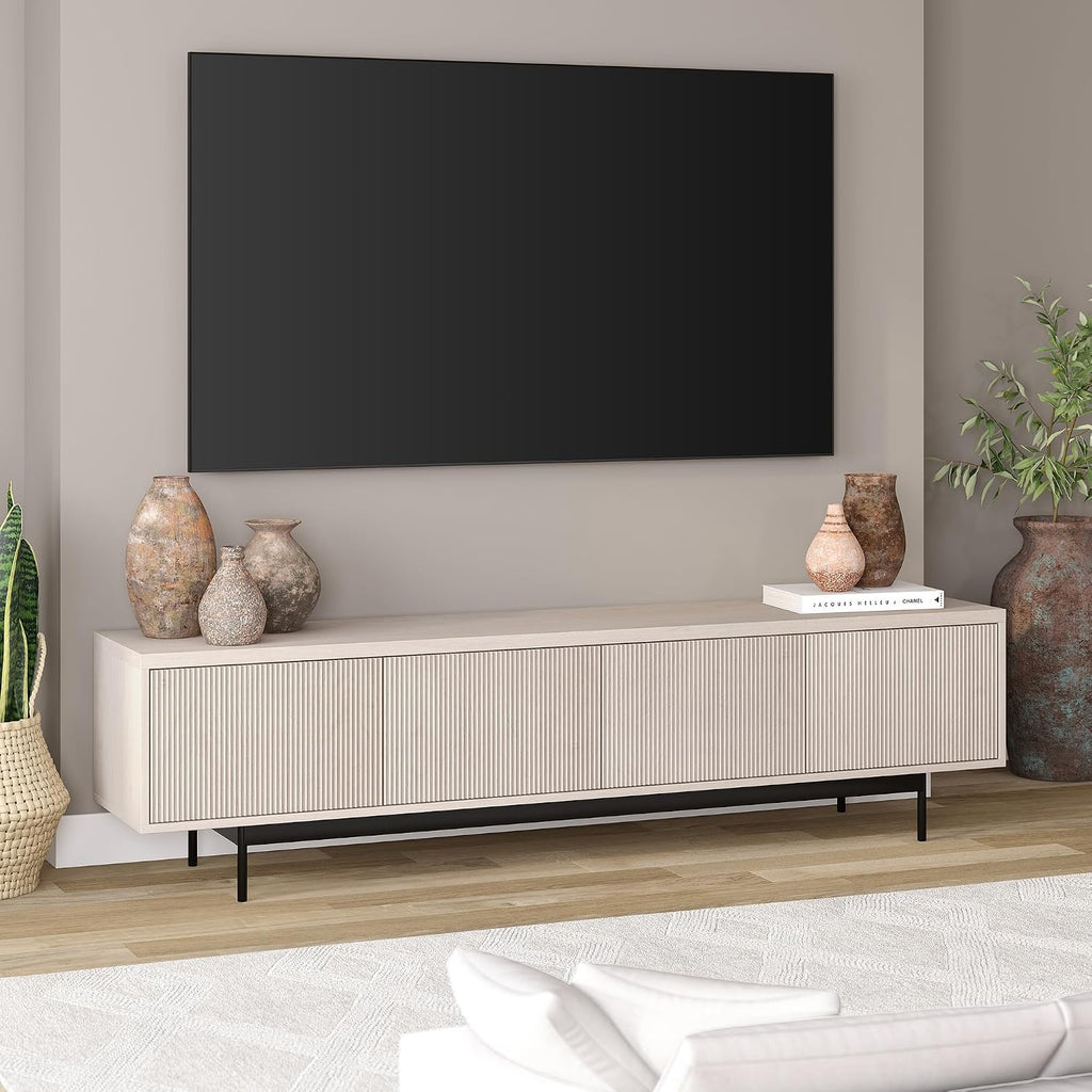 Henn&Hart Fluted TV Stand for TVs up to 85' with 2 Open-Concept Ribbed Storage Cabinets for Living Room, Family Room, or Office, Beech White