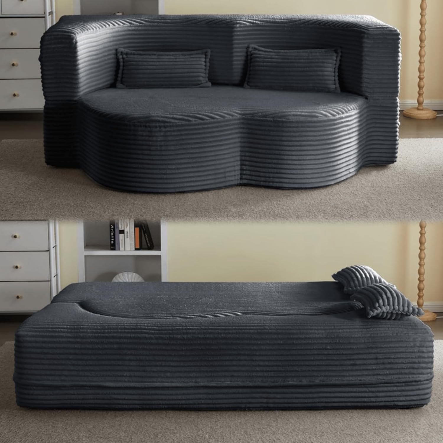 2-in-1 Folding Convertible Sofa Bed,78 Inch Convertible Boneless Couch with Pilow Foldable Matress, Corduroy Loveseat Sleeper Pull Out Bed Floor Sofa Modular Futon Couch (Corduroy, Dark Grey)