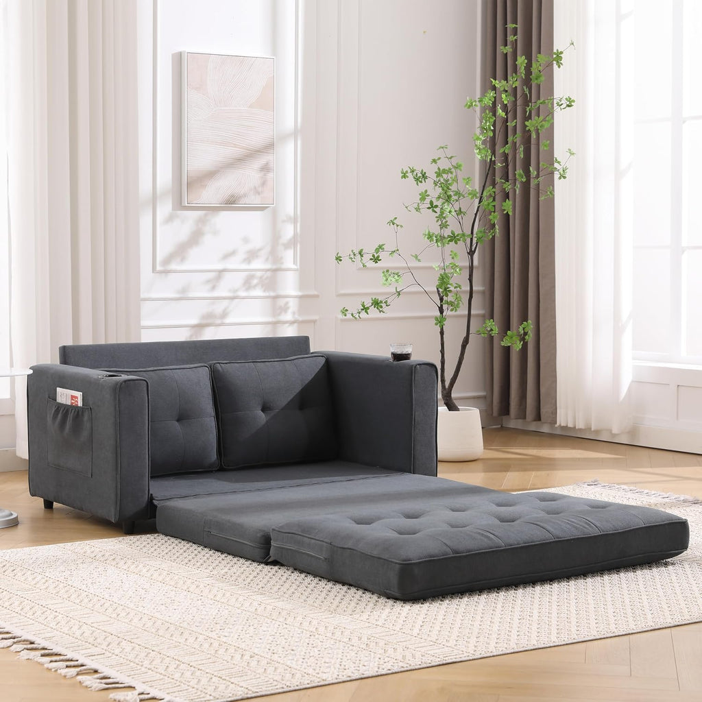 Merax Futon Sofa Bed, 3 in 1 Convertible Loveseat Sleeper with Pull Out Bed, Foldable Tufted Sofa Bed Couch W/Cup Holder and Side Pockets, for Living Room, Bedroom, Office, Dark Gray