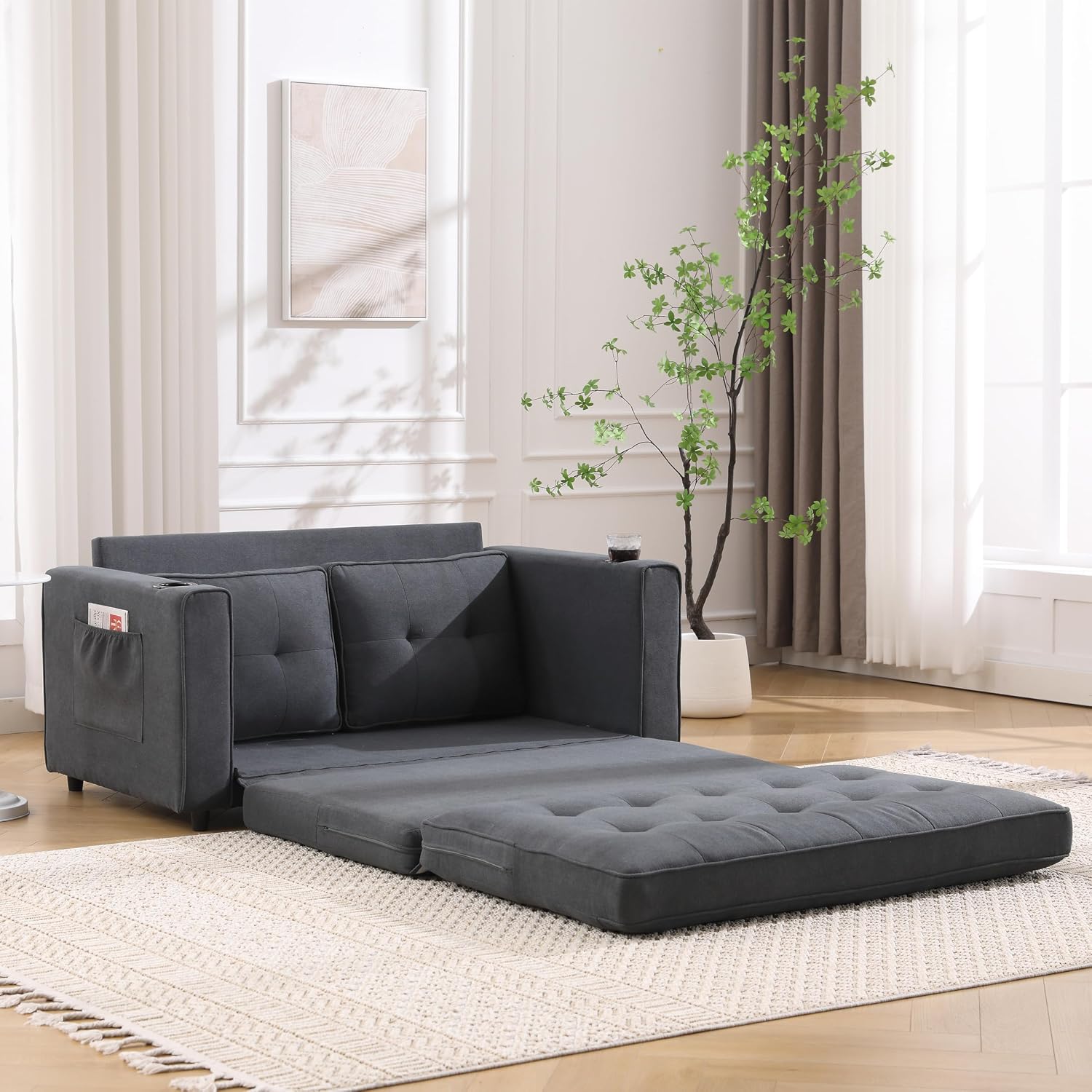 Merax Futon Sofa Bed, 3 in 1 Convertible Loveseat Sleeper with Pull Out Bed, Foldable Tufted Sofa Bed Couch W/Cup Holder and Side Pockets, for Living Room, Bedroom, Office, Dark Gray