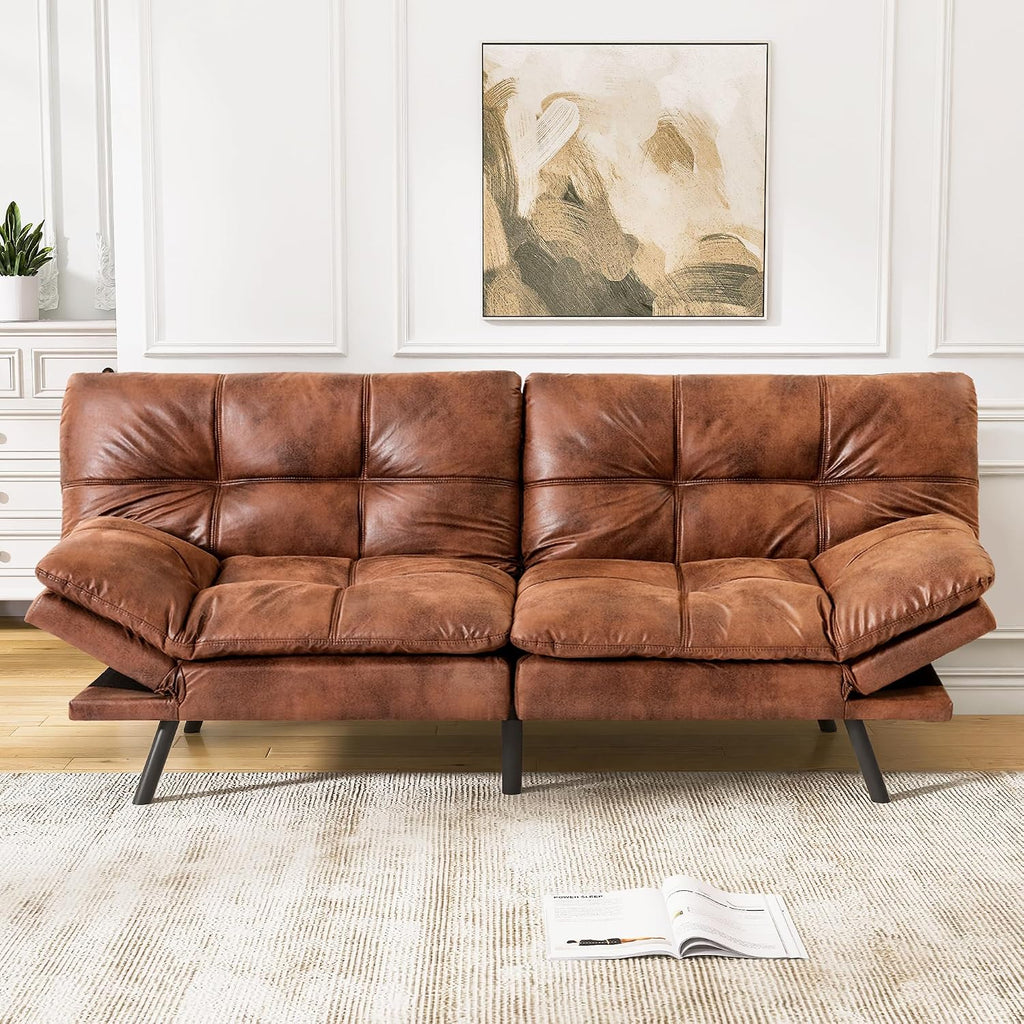 Faux Leather Futon Sofa Bed,Convertible Futon Couch,Memory Foam Loveseat Sleeper Sofa,Small Splitback Modern Folding Couch for Living Room,Office,Apartment,Retro Brown