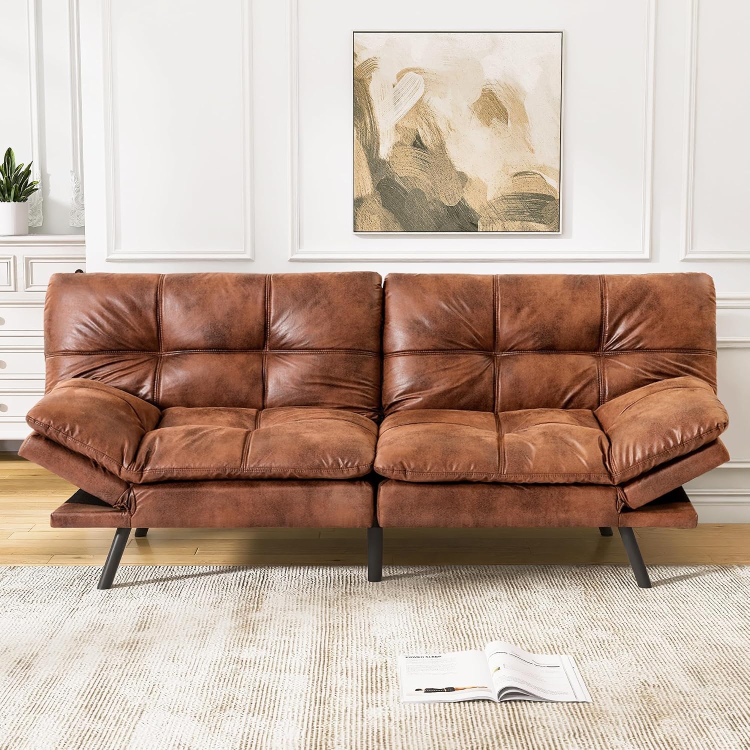 Faux Leather Futon Sofa Bed,Convertible Futon Couch,Memory Foam Loveseat Sleeper Sofa,Small Splitback Modern Folding Couch for Living Room,Office,Apartment,Retro Brown
