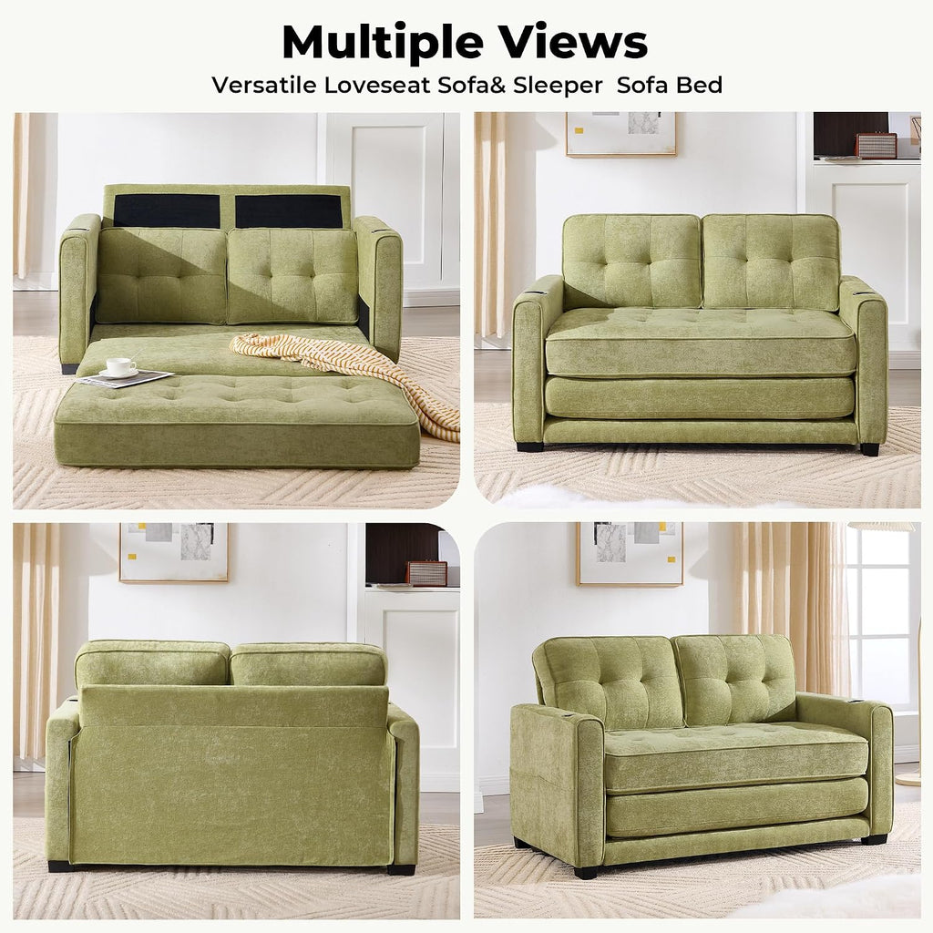 Convertible Sofa Bed, Pull Out Loveseat Sleeper Couch,Linen Fabric 2 in 1 Folding Couch Bed, Fold Out Floor Futon Couches with Cup Holder for Living Room, Bedroom,Small Space, Green