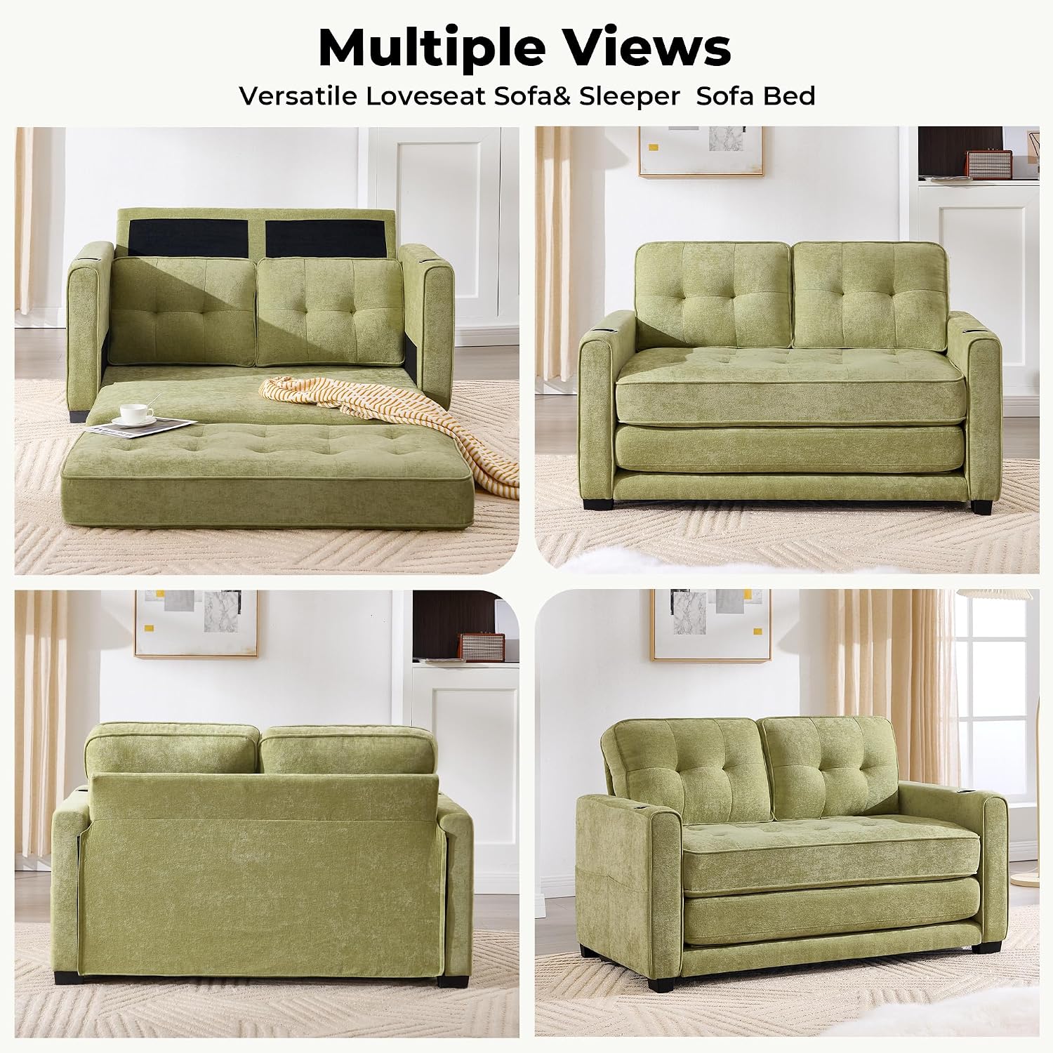 Convertible Sofa Bed, Pull Out Loveseat Sleeper Couch,Linen Fabric 2 in 1 Folding Couch Bed, Fold Out Floor Futon Couches with Cup Holder for Living Room, Bedroom,Small Space, Green