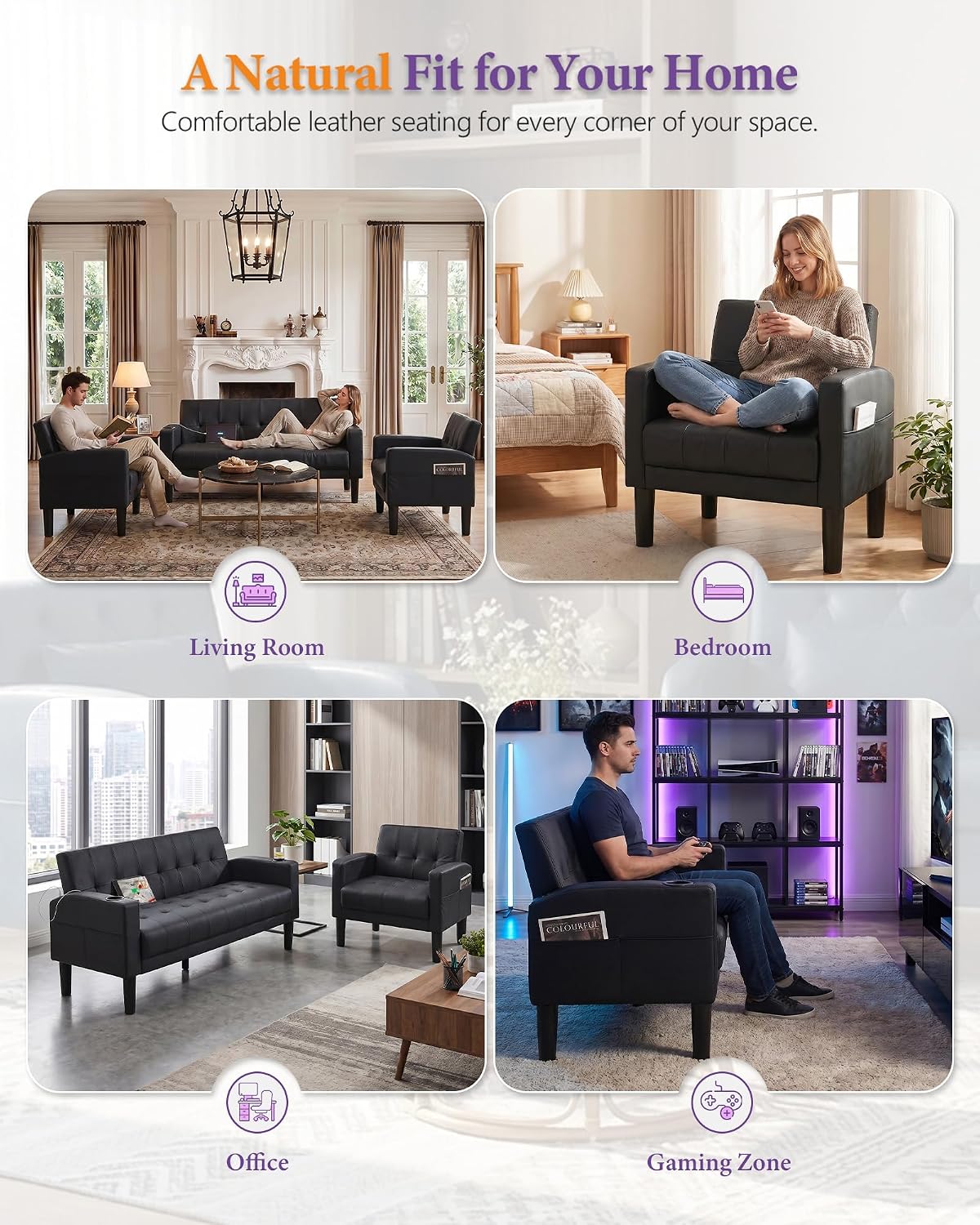 TYBOATLE Sofa Couch 62' W Loveseat w/ 2 USB Charger Ports & 2 Cupholders, Mid-Century Modern Black LeatherTufted Small Love Seat Couches for Office,Compact Living Room,Bedroom,Apartment,Dorm (2)