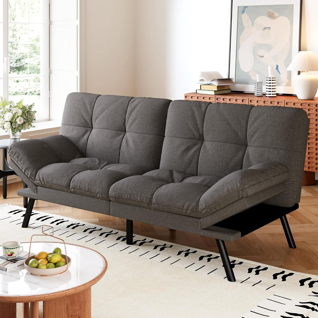 Convertible Futon Sofa Bed,Grey Linen Modern Futon Couch,Memory Foam Loveseat Sleeper Recliner,Detachable Cushion,Adjustable Backrest & Armrest,Couch for Living Room,Office,Apartment