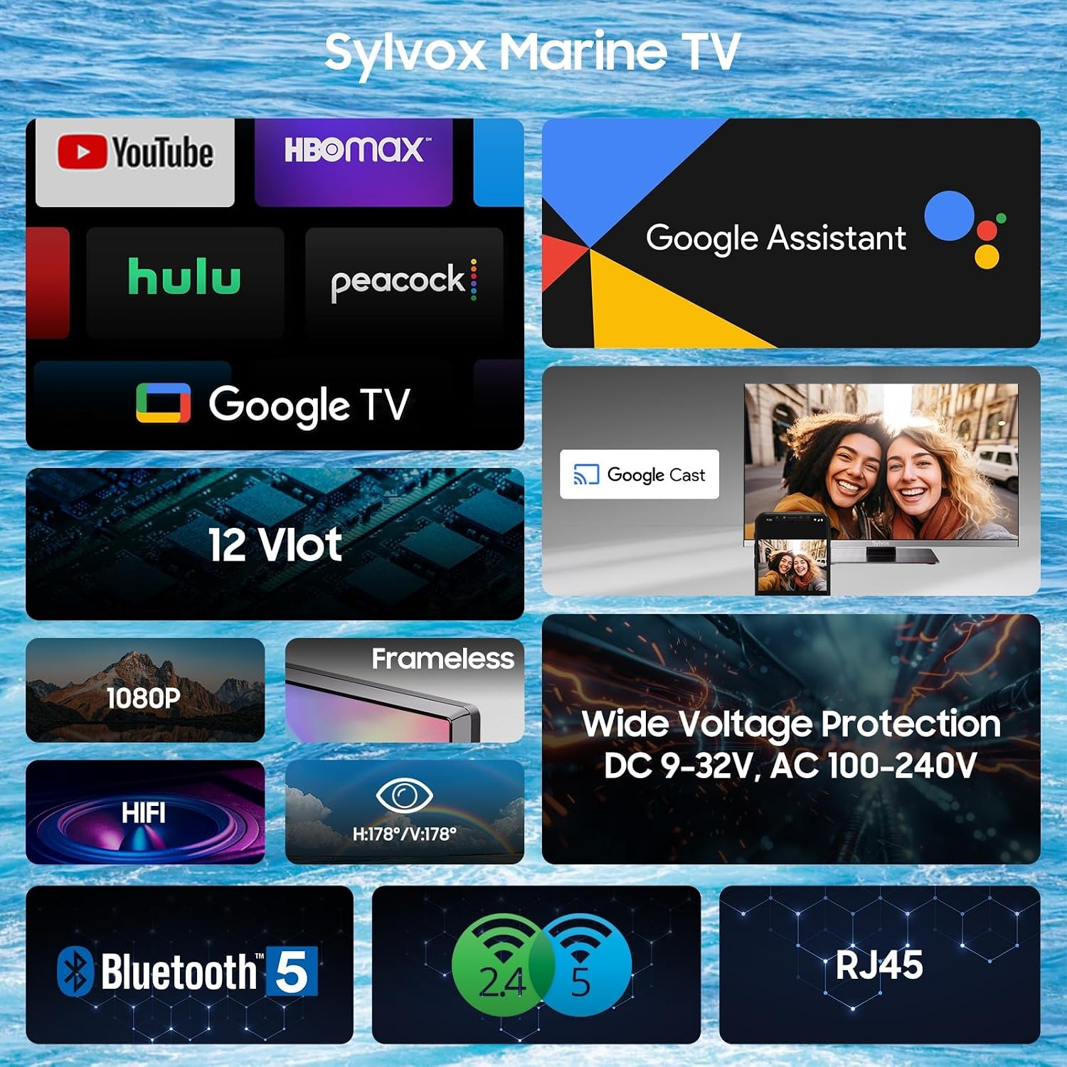 SYLVOX 12 Volt TV, 40' Smart Television 1080P with Google OS Support Voice Remote Screencast ATSC NTSC WiFi Bluetooth HDMI USB, AC/DC Powered, 12V TV for RV Camper Boat Coastal Home (Marine Series)