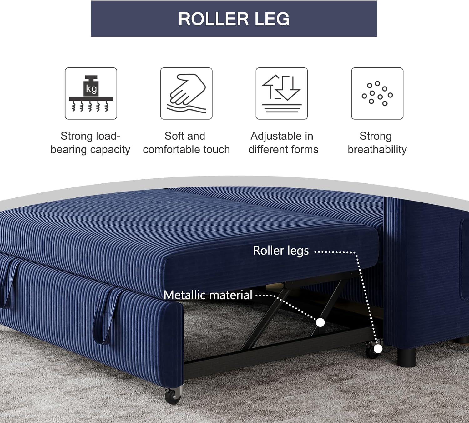 55.51' Sleeper Sofa Bed,Pull Out Couch with Side Pockets,3 in 1 Corduroy Fabric Loveseat Sleeper Sofa ,Pull Out Sofa Bed with Adjustable Backrest for Living Room, Bedroom, Apartment,（Navy Blue）