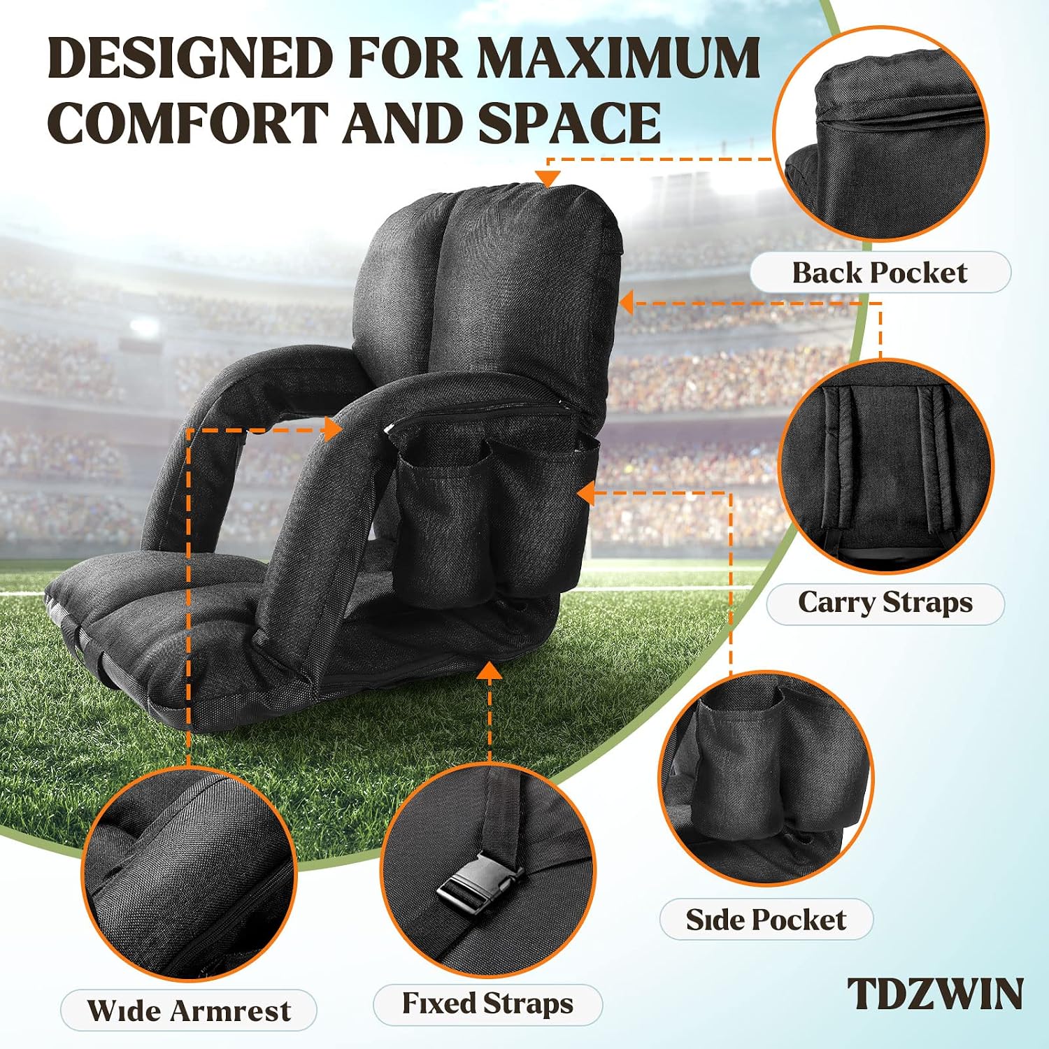 Wide Stadium Seats for Bleachers with Back Support, Extra Thick Plus Size Bleacher Seats with Backs and Cushion Wide, 6 Reclining Positions Bleacher Chairs for Outdoor Indoor 2 Pack (Black)