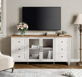 WAMPAT Farmhouse TV Stand for TVs Up to 65 inch, Glass Door TV Cabinet with Adjustable Shelf, Wooden Entertainment Center for 32-60 inch TV Console Table, Off White