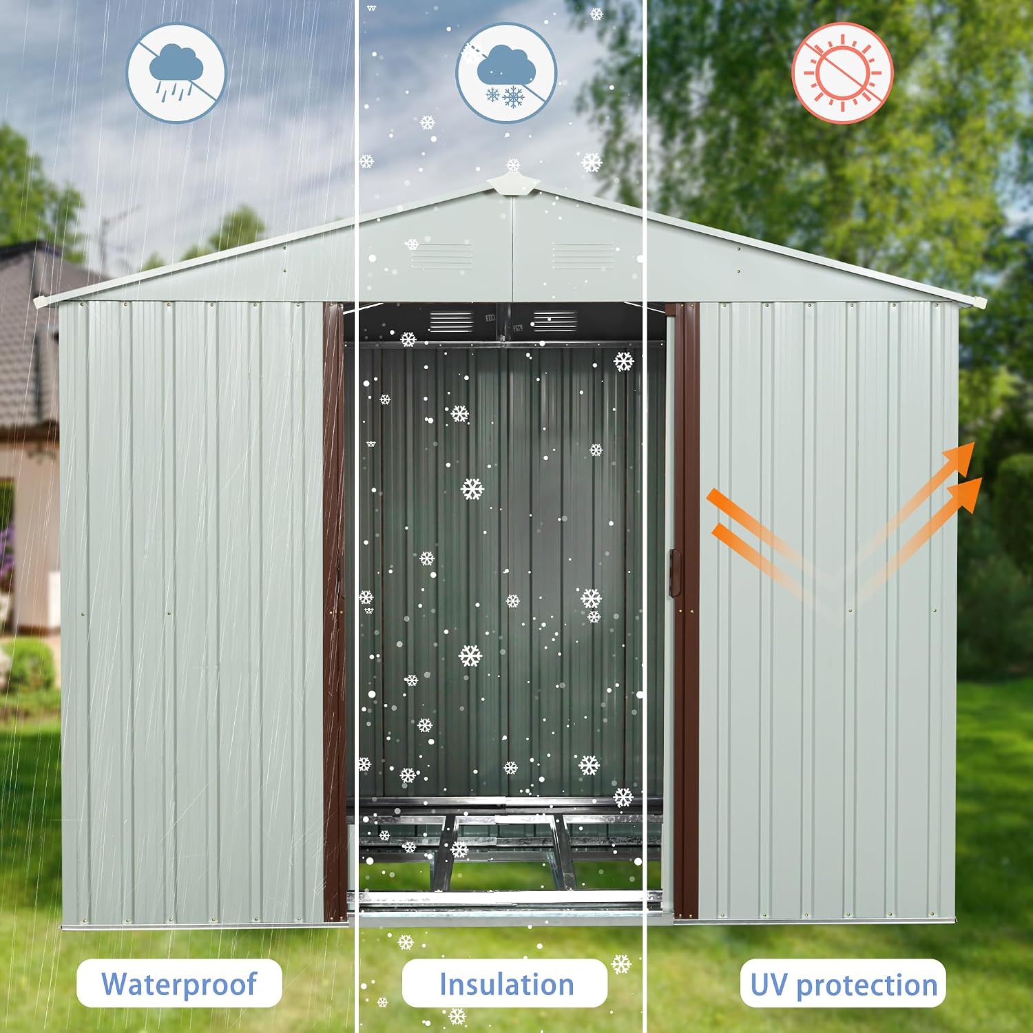 BNSPLY 6x5 FT Outdoor Storage Shed, Metal Garden Shed with Floor Frame, Tool Shed Outdoor Storage with Lockable Sliding Doors & Window & Air Vents, Storage House Waterproof for Backyard, Lawn, White