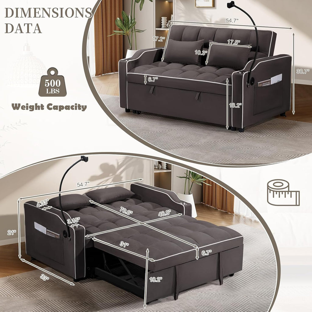 JEEOEHY 3 in 1 Convertible Sleeper Sofa Bed,Velvet Pull Out Couch Bed w USB&Type C Port,Comfy Futon Loveseat with Adjustable Backrest&Phone Holder for Living Room Apartment Small Space(Brown)