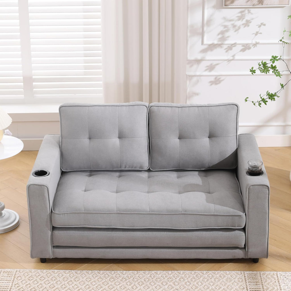 Convertible Loveseat Sleeper with Pull Out Bed, Foldable Tufted Sofa Bed Couch W/Cup Holder and Side Pockets, Light Gray