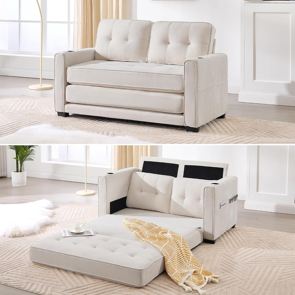Convertible Sofa Bed, Pull Out Loveseat Sleeper Couch,Linen Fabric 2 in 1 Folding Couch Bed, Fold Out Floor Futon Couches with Cup Holder for Living Room, Bedroom,Small Space, Beige