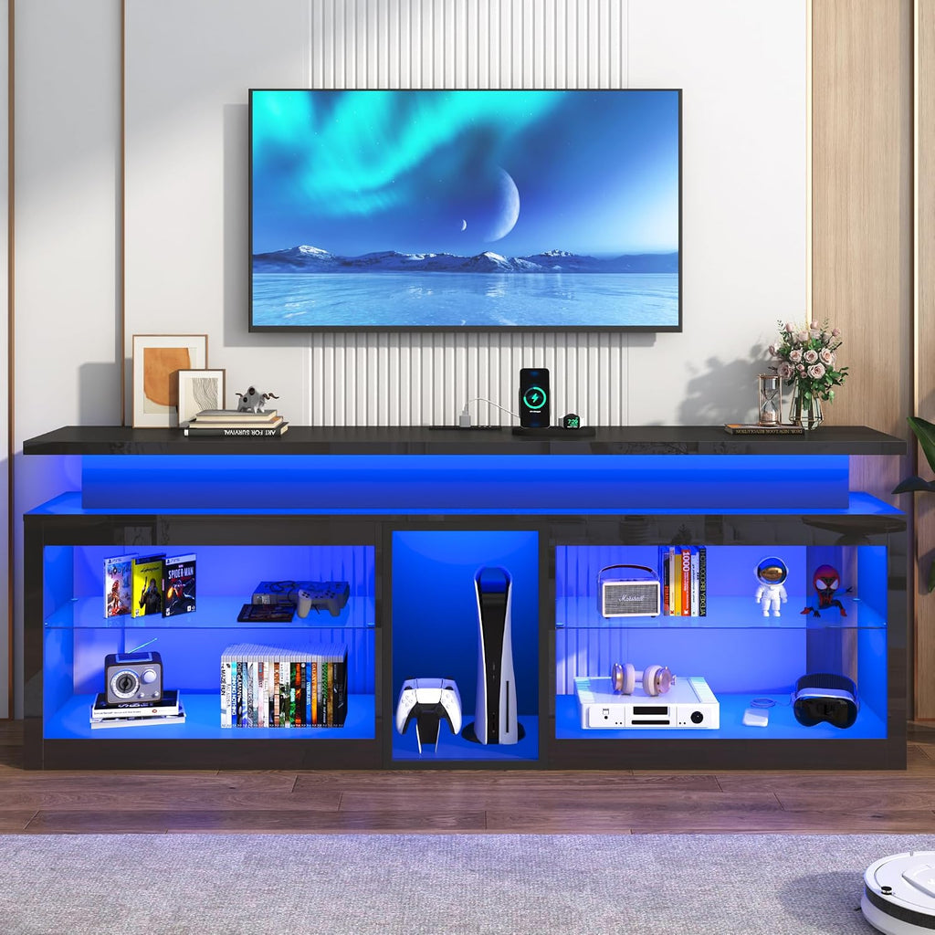 71' LED TV Stand with Power Outlet,60-Colors LED Lights For 65 70 80 in TV,High Gloss Gaming Entertainment Center w/Adjustable Shelves,Black TV Console with Modern Design for Living Room Bedroom