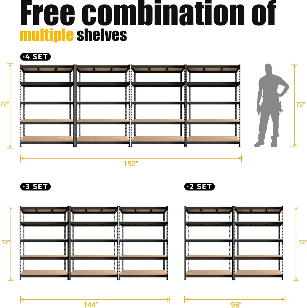 PrimeZone 48' x 24' x 72' Heavy Duty Storage Shelves - 5 Tier Adjustable Garage Storage Shelving, Metal Storage Utility Rack Shelf Unit for Warehouse Pantry Closet Kitchen, Black