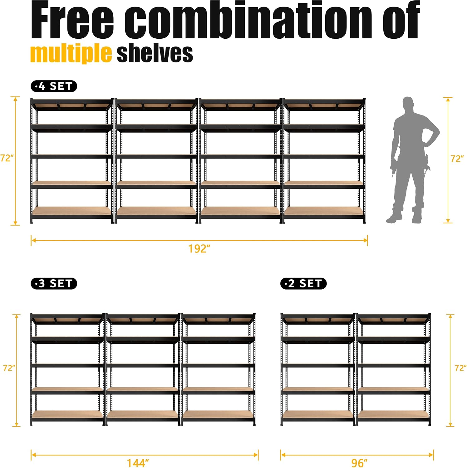 PrimeZone 48' x 24' x 72' Heavy Duty Storage Shelves - 5 Tier Adjustable Garage Storage Shelving, Metal Storage Utility Rack Shelf Unit for Warehouse Pantry Closet Kitchen, Black