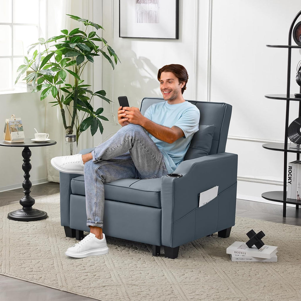 VINGLI Blue Gery Sleeper Chair Bed 3-in-1 Convertible Futon Sofa Bed Pull Out Couch Bed Adjustable Recliner Chair with USB Ports Cup Holders Side Pockets for Living Room Bedroom Small Spaces