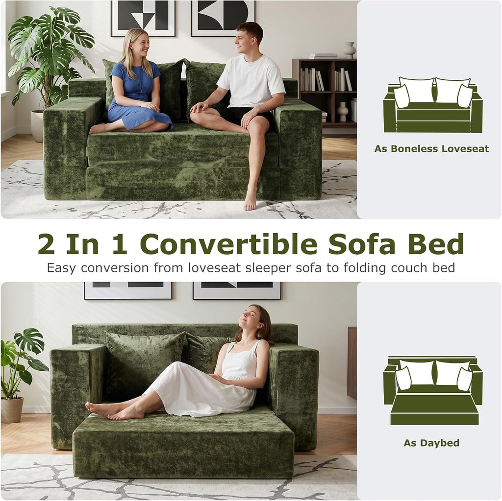 Boneless Couch Loveseat Sleeper, Convertible Sofa Bed Folding Couch Bed, Boneless Chair Bed & Futon Sofa Bed, Small Pull Out Couch Foldable with 4 Pillows for Living Room, Green