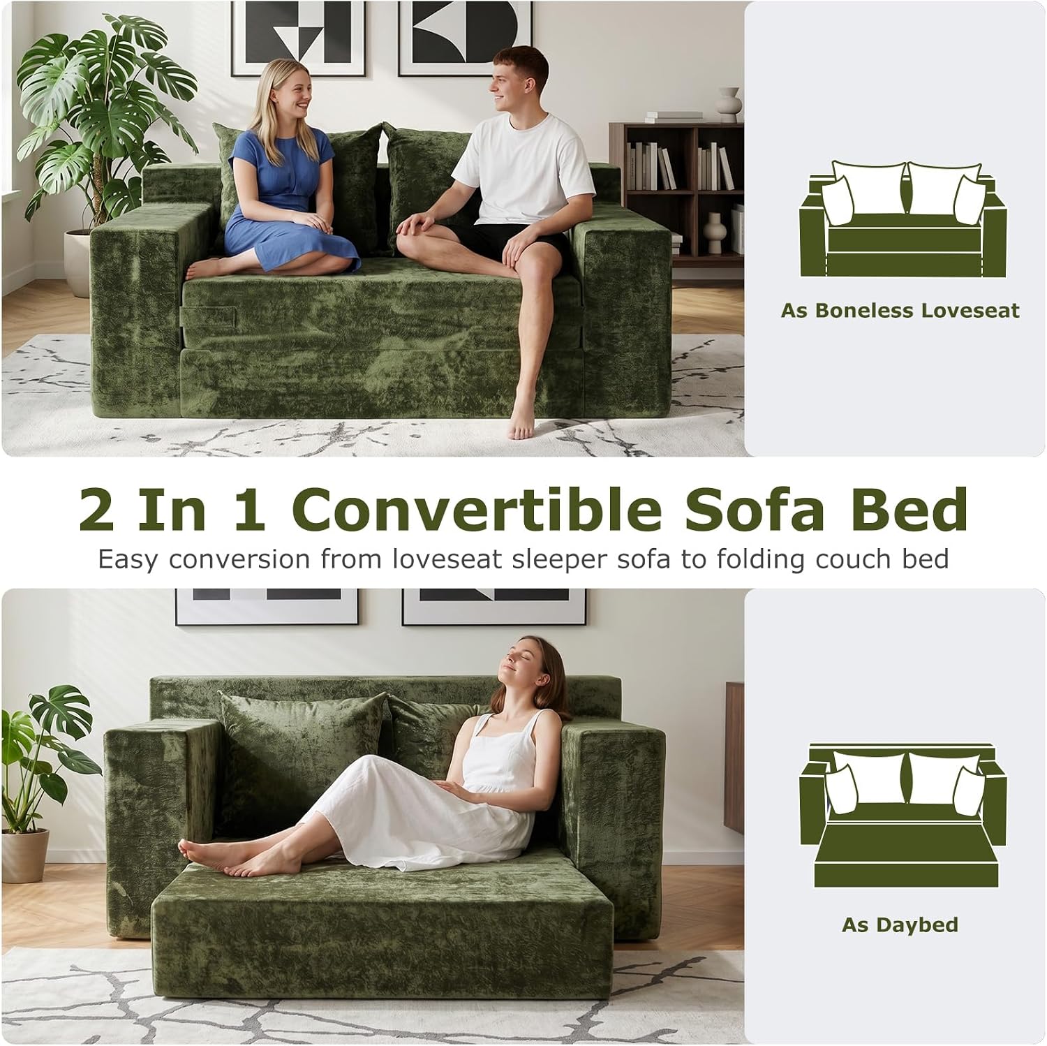 Boneless Couch Loveseat Sleeper, Convertible Sofa Bed Folding Couch Bed, Boneless Chair Bed & Futon Sofa Bed, Small Pull Out Couch Foldable with 4 Pillows for Living Room, Green