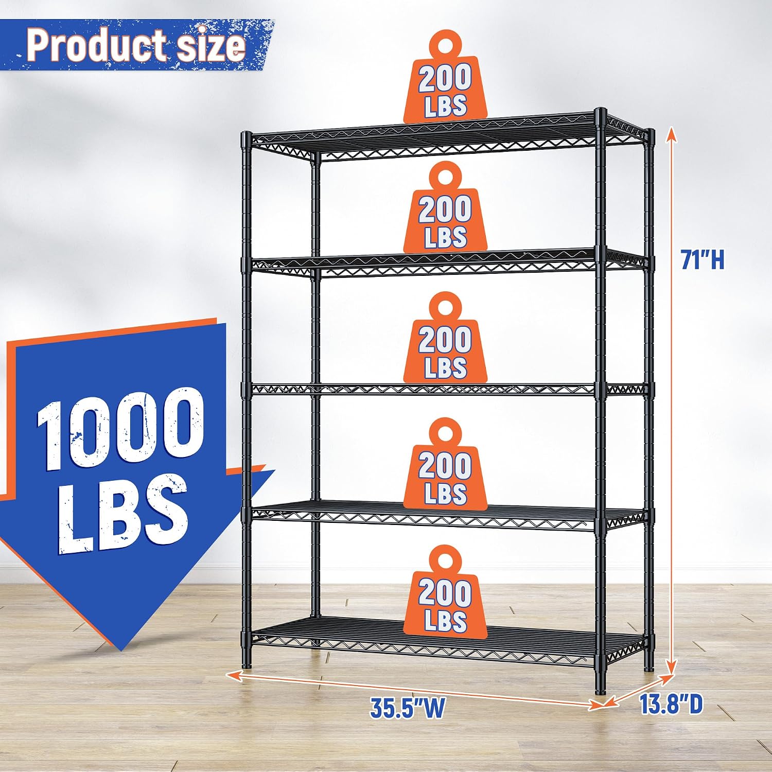 5 Tier Storage Shelves 71'H Wire Shelving Adjustable Metal Shelving,1000LBS Pantry Shelves Sturdy Steel Wire Shelf for Kitchen School Pantry Garage Warehouse ,71'H X35.5'W X13.8'D, Black,2P