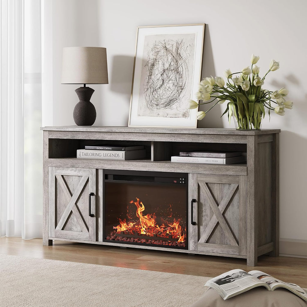 BELLEZE 58' Farmhouse Fireplace TV Stand for TVs up to 65', 23' Electric Fireplace Heater with Sound, Entertainment Center Media Console Table Barn Door Storage Cabinets for Living Room -Gray