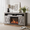 BELLEZE 58' Farmhouse Fireplace TV Stand for TVs up to 65', 23' Electric Fireplace Heater with Sound, Entertainment Center Media Console Table Barn Door Storage Cabinets for Living Room -Gray